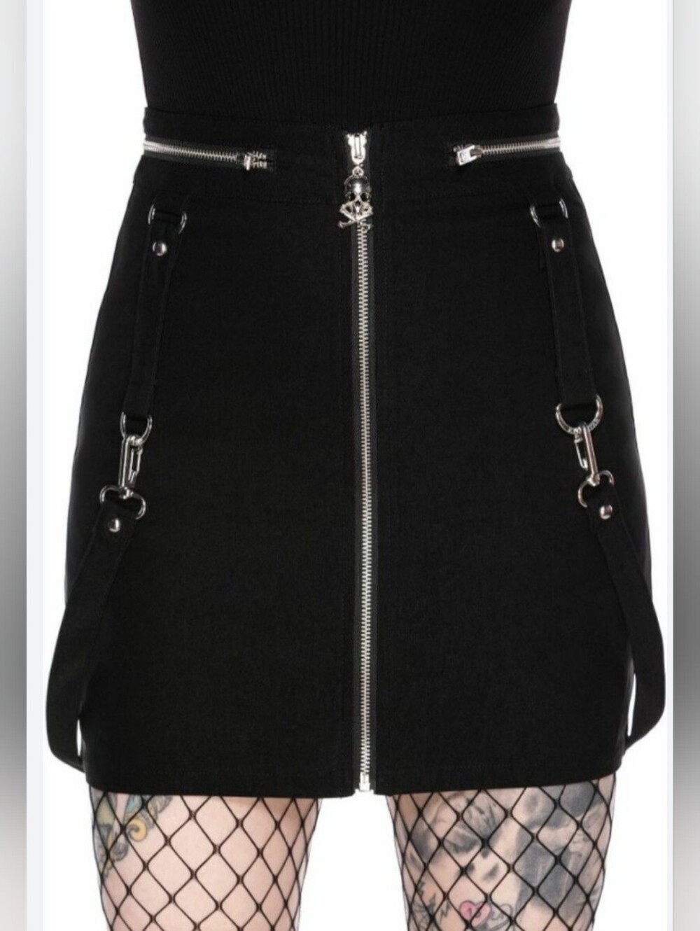 Killstar Black Zip Front Mini Skirt with Hardware Straps